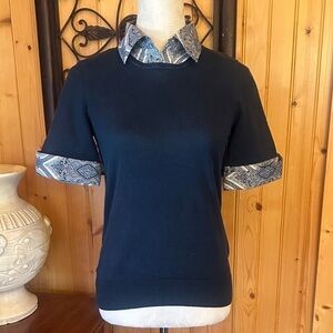 Ann Taylor Navy Blue Button Down Shirt with Patterned Trim